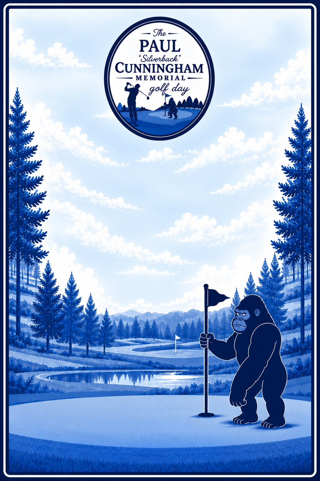 Blue memorial golf day artwork featuring a silverback gorilla on a golf course
